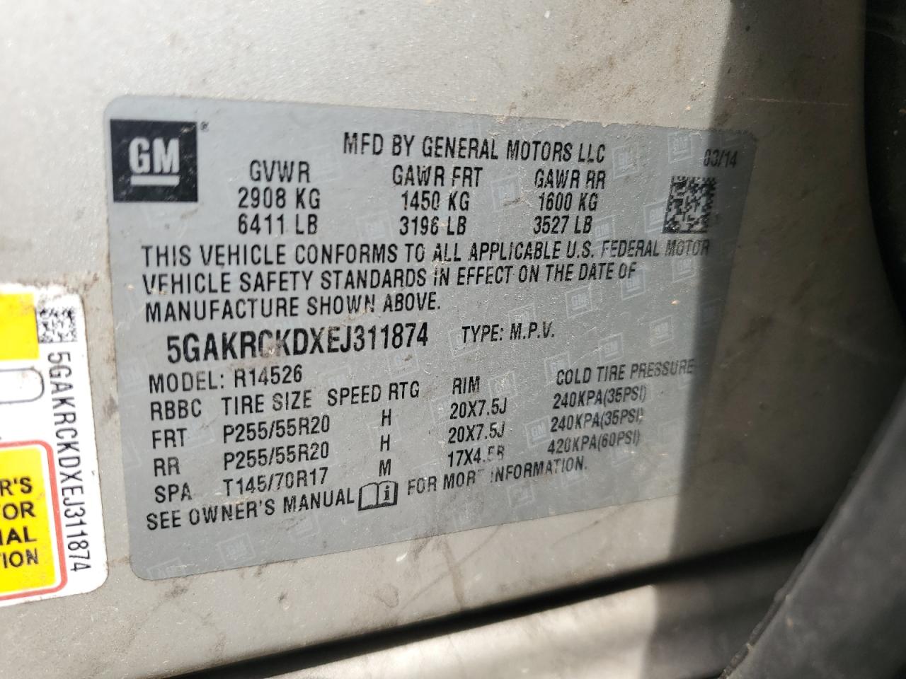 2014 Buick Enclave VIN: 5GAKRCKDXEJ311874 Lot: 63495935