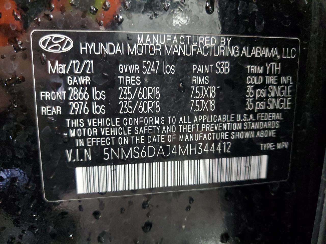 2021 Hyundai Santa Fe Sel VIN: 5NMS6DAJ4MH344412 Lot: 65426165