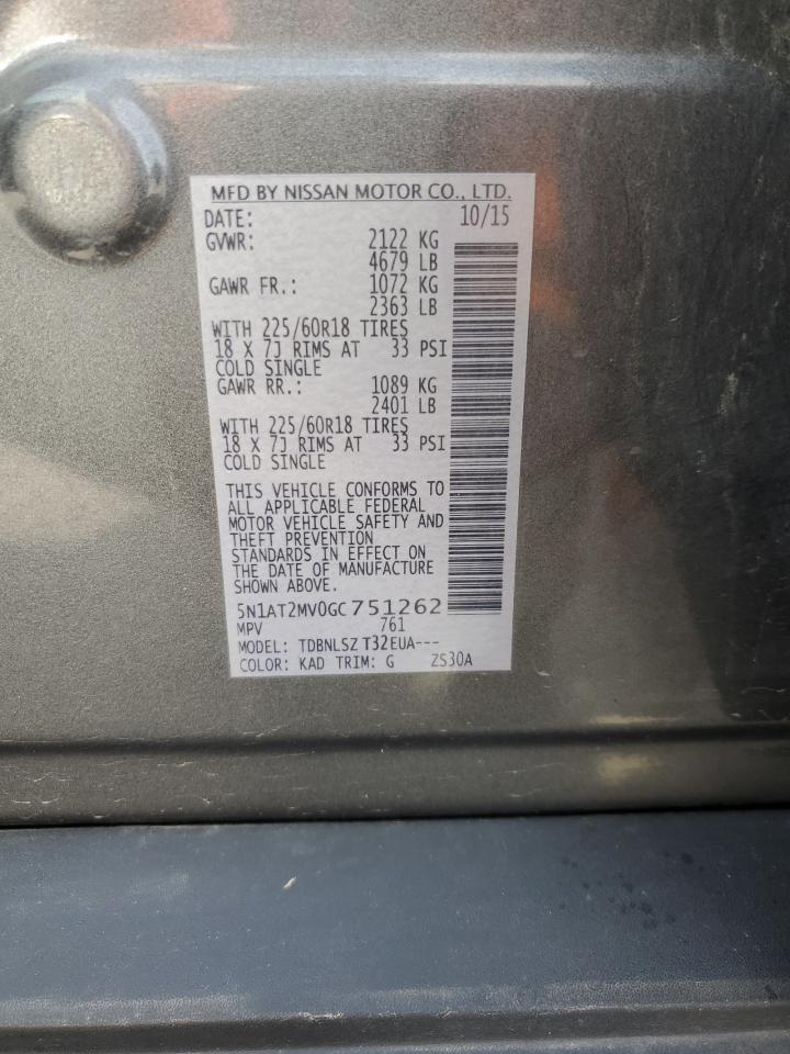 2016 Nissan Rogue S VIN: 5N1AT2MV0GC751262 Lot: 63049155