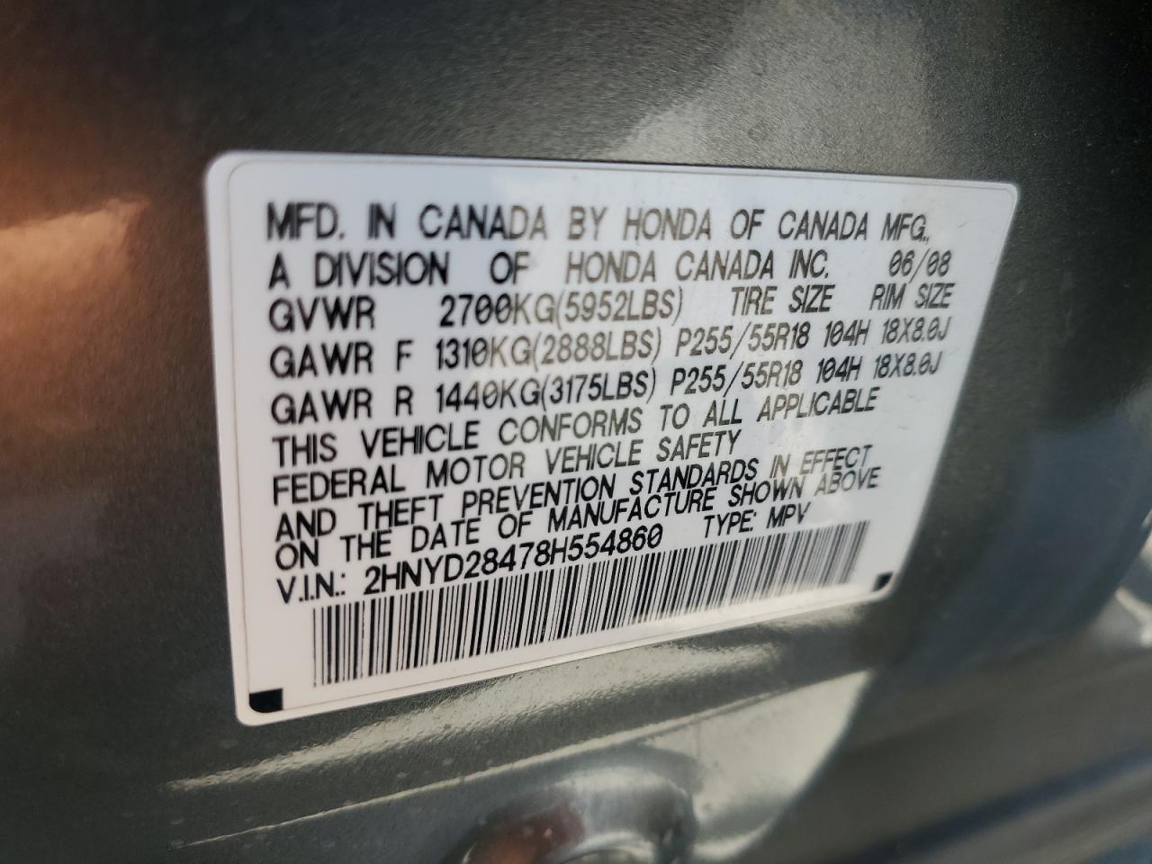 2008 Acura Mdx Technology VIN: 2HNYD28478H554860 Lot: 66929705