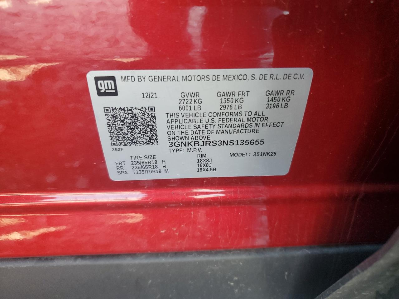 3gnkbjrs3ns135655 3GNKBJRS3NS135655 2022 Chevrolet Blazer 3Lt