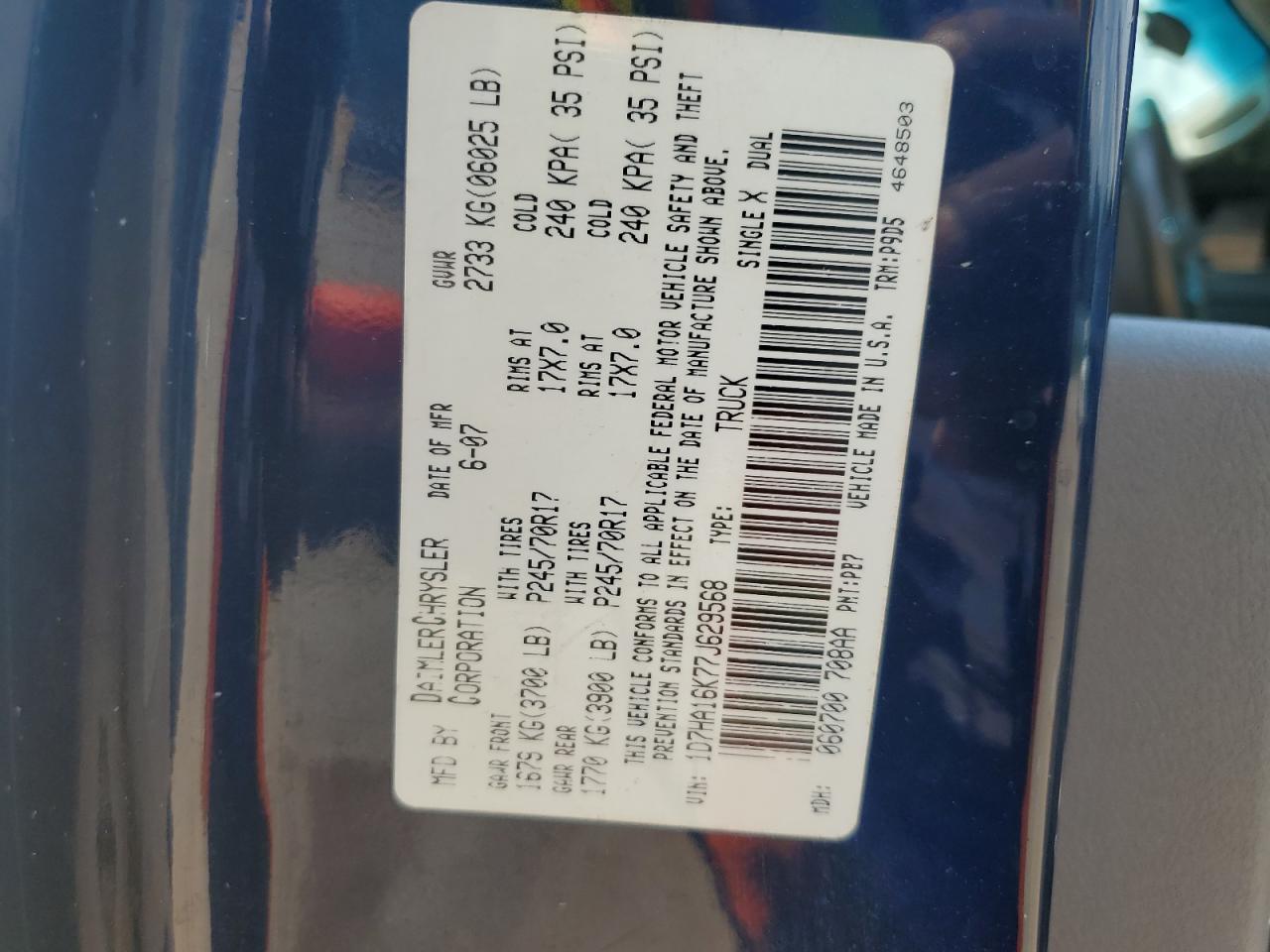 2007 Dodge Ram 1500 St VIN: 1D7HA16K77J629568 Lot: 67754385