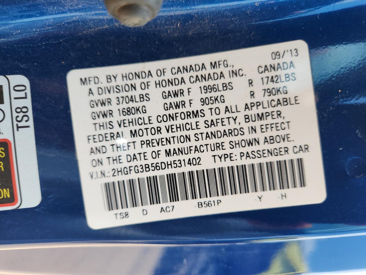 2013 Honda Civic Lx VIN: 2HGFG3B56DH531402 Lot: 65317385