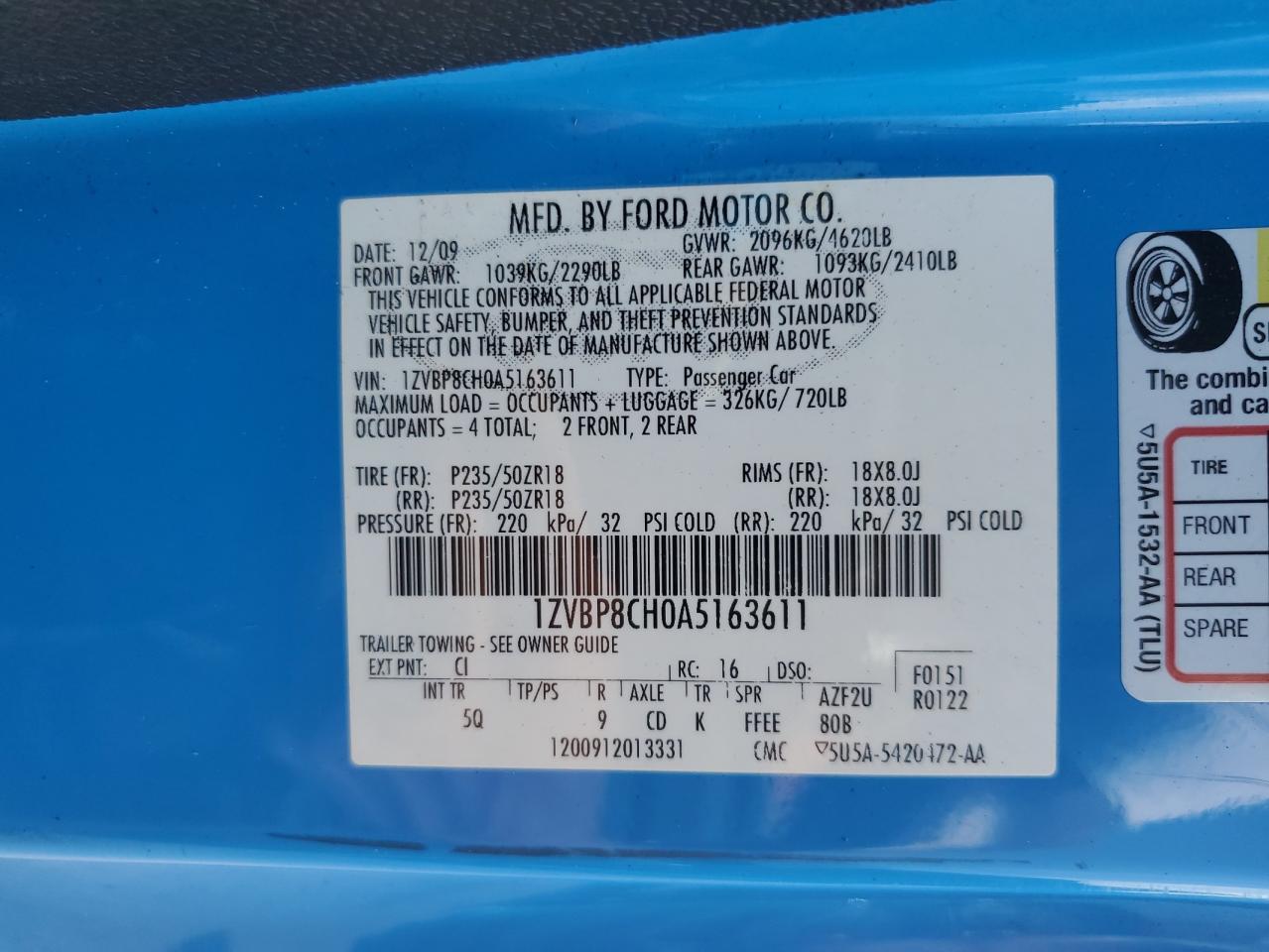 2010 Ford Mustang Gt VIN: 1ZVBP8CH0A5163611 Lot: 65607665