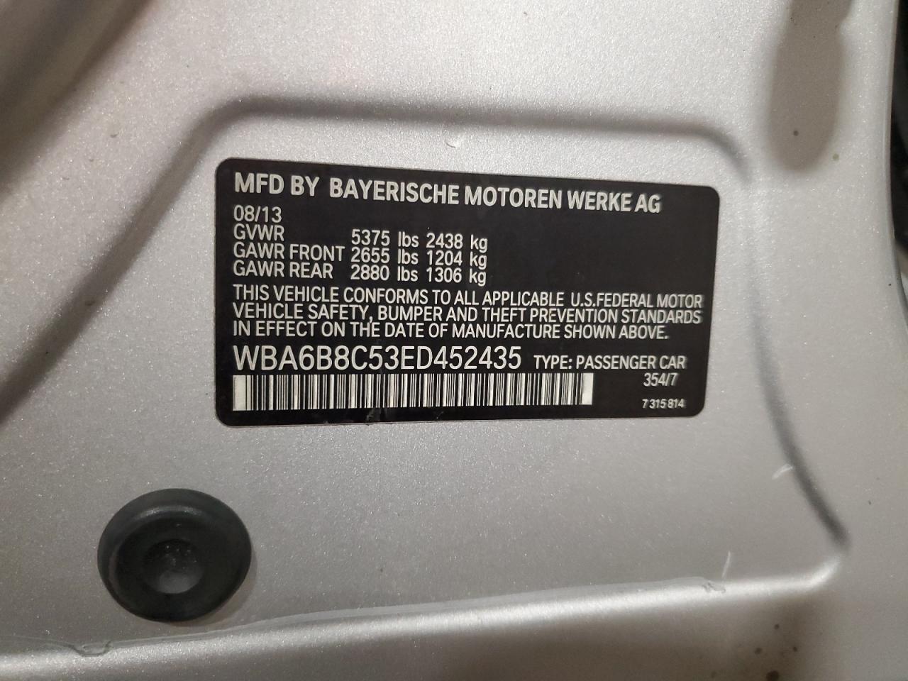 2014 BMW 640 Xi Gran Coupe VIN: WBA6B8C53ED452435 Lot: 66114795