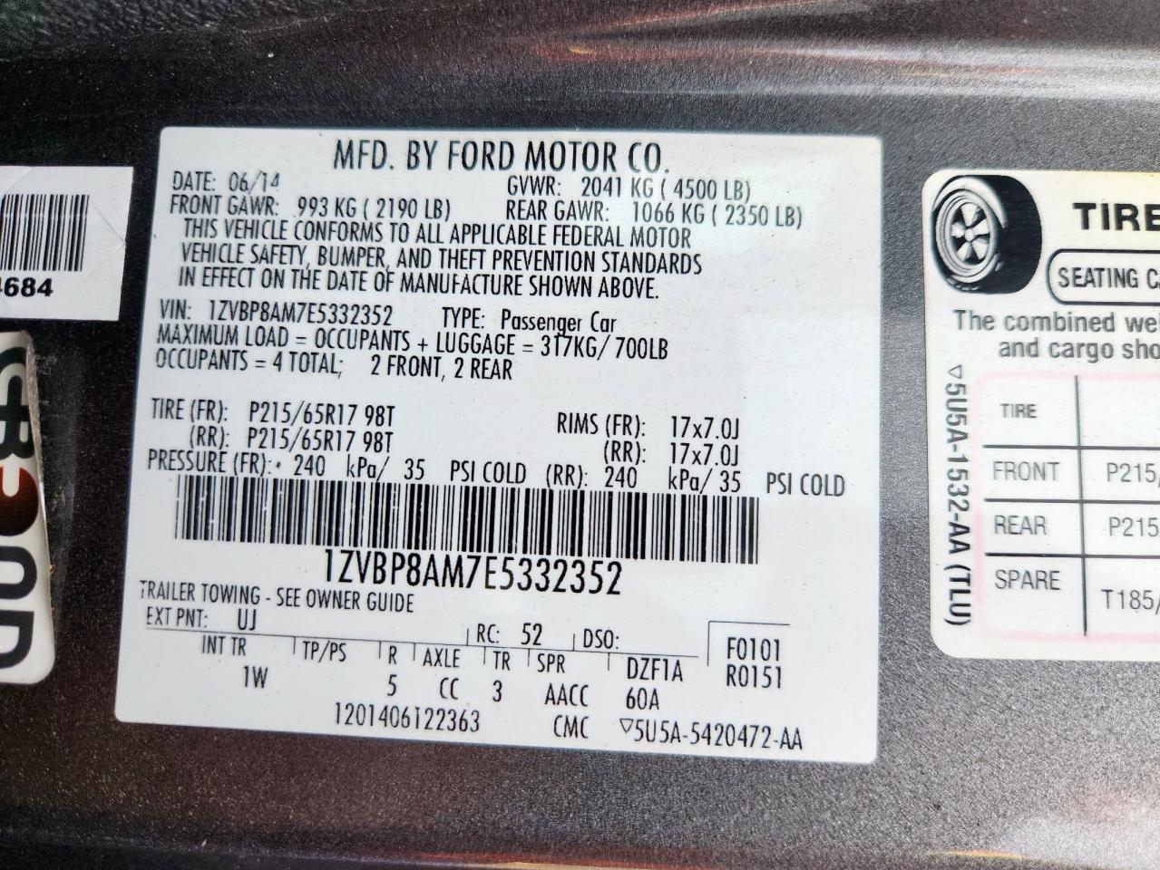 2014 Ford Mustang VIN: 1ZVBP8AM7E5332352 Lot: 63940395