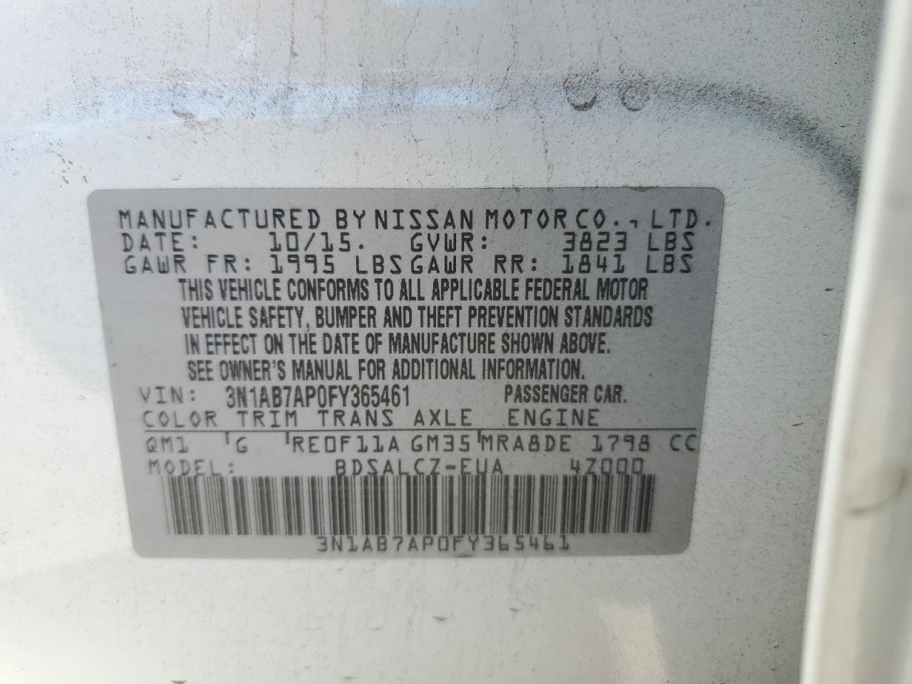 2015 Nissan Sentra S VIN: 3N1AB7AP0FY365461 Lot: 64475145