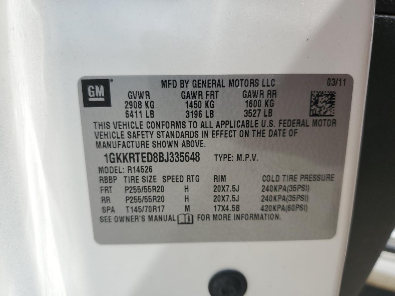 1gkkrted8bj335648 1GKKRTED8BJ335648 2011 GMC Acadia Denali