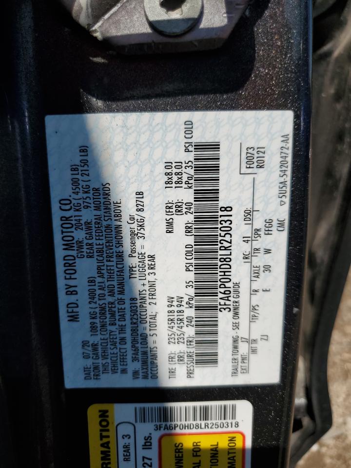 2020 Ford Fusion Se VIN: 3FA6P0HD8LR250318 Lot: 63320305