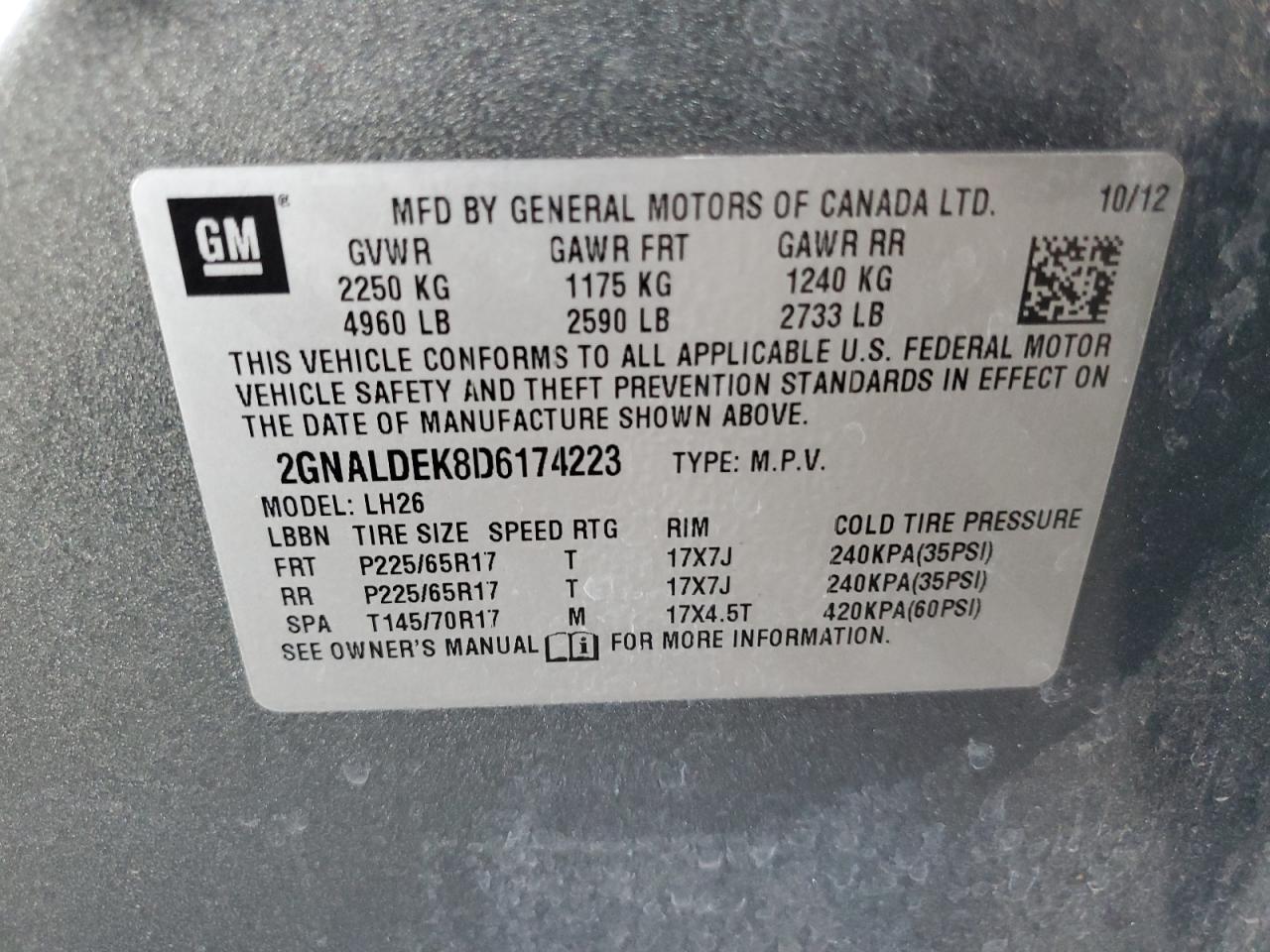 2013 Chevrolet Equinox Lt VIN: 2GNALDEK8D6174223 Lot: 64771145