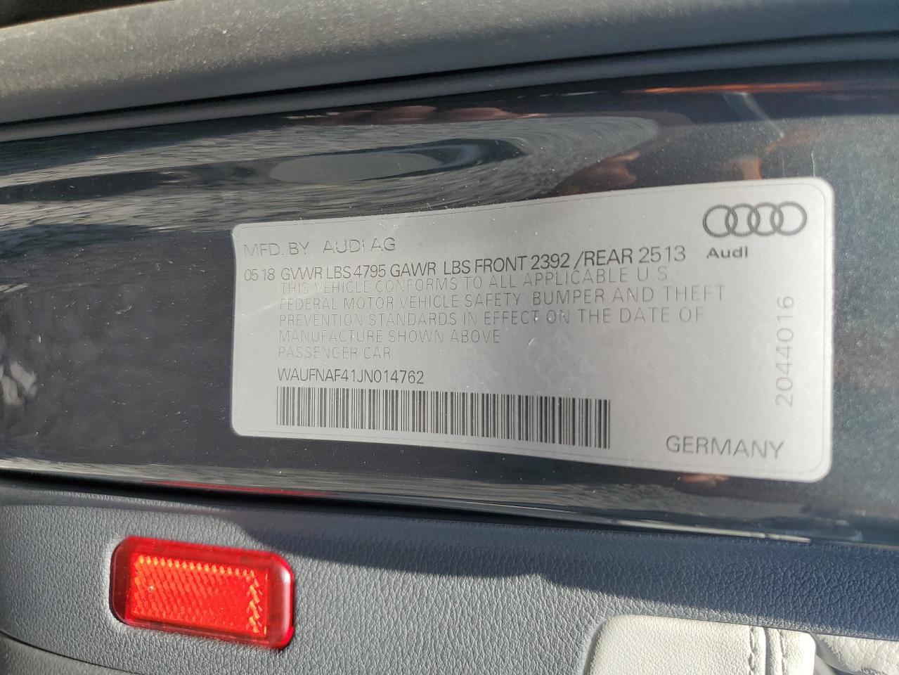 2018 Audi A4 Prestige VIN: WAUFNAF41JN014762 Lot: 63342375
