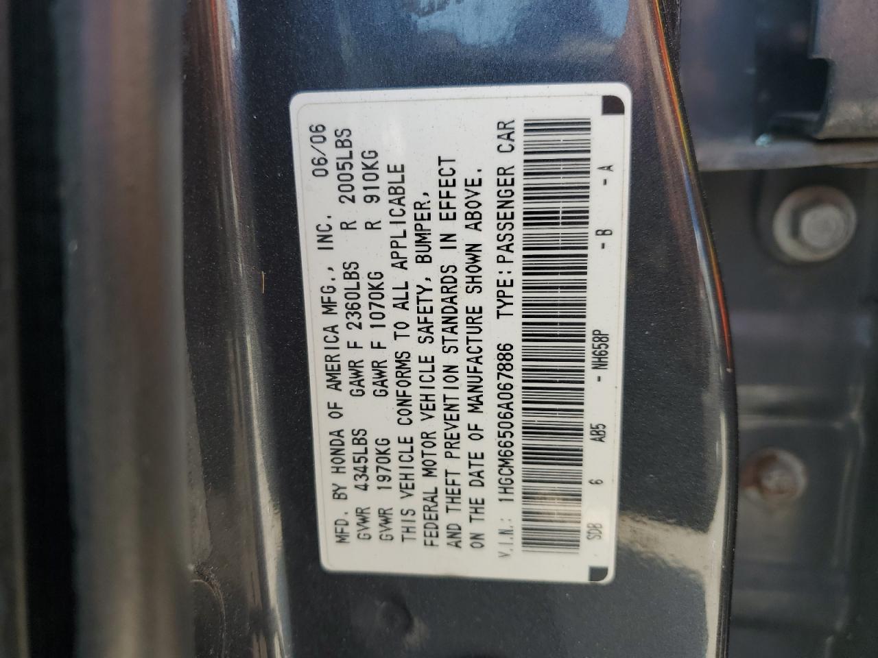 2006 Honda Accord Ex VIN: 1HGCM66506A067886 Lot: 64853335