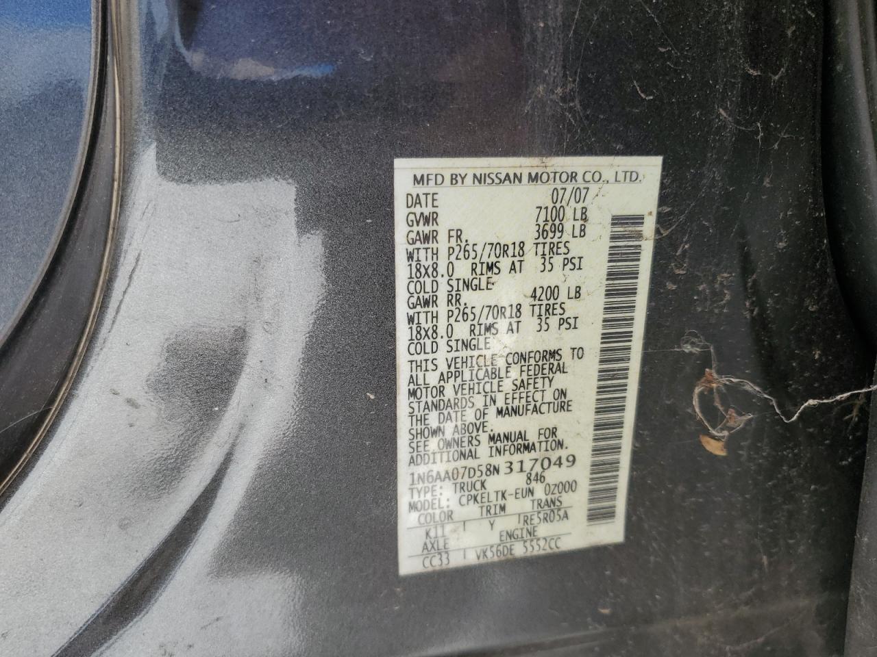 2008 Nissan Titan Xe VIN: 1N6AA07D58N317049 Lot: 64713525