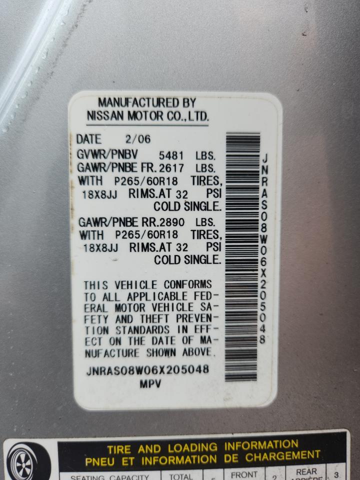 2006 Infiniti Fx35 VIN: JNRAS08W06X205048 Lot: 62475445