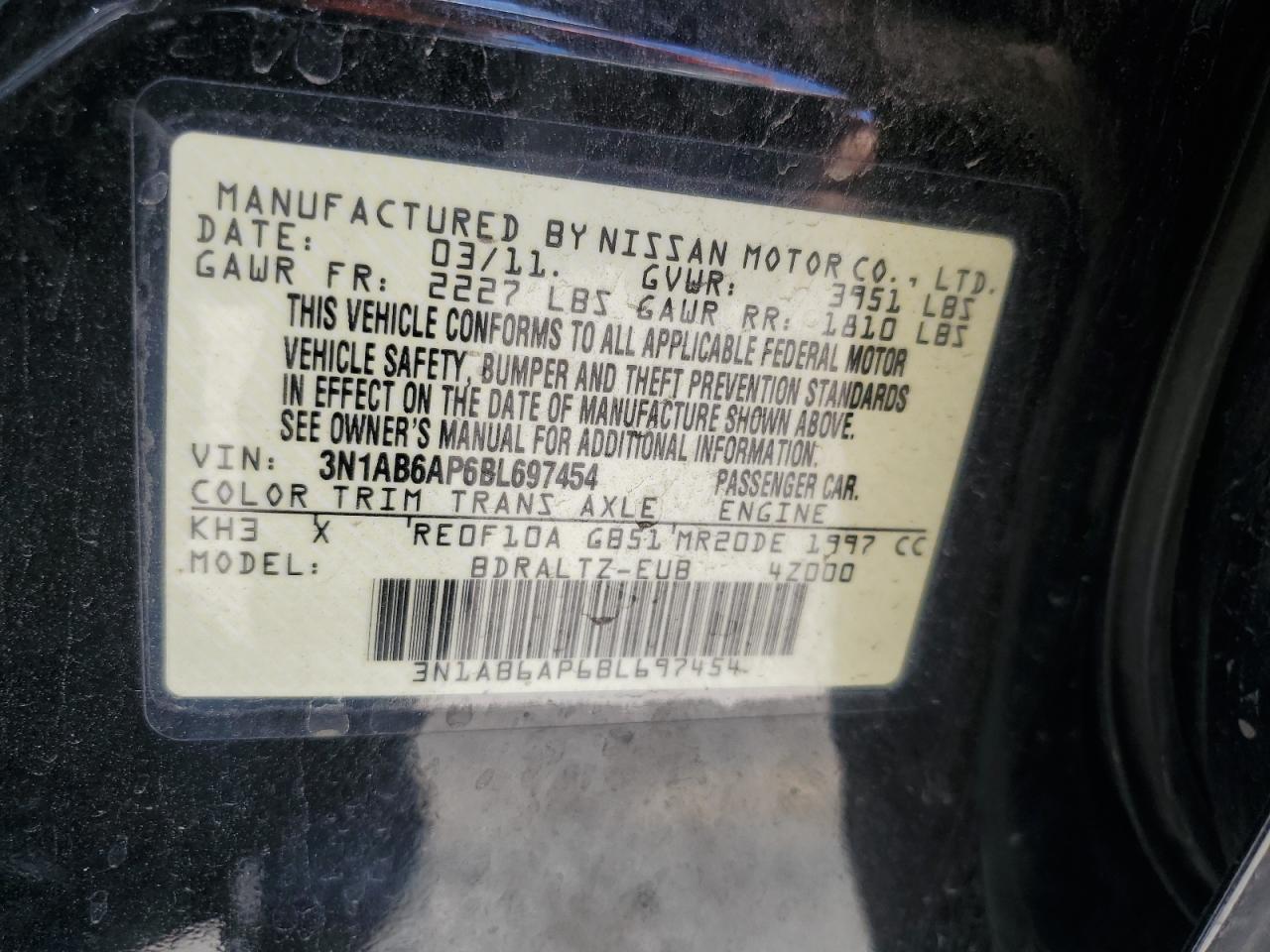2011 Nissan Sentra 2.0 VIN: 3N1AB6AP6BL697454 Lot: 63812275