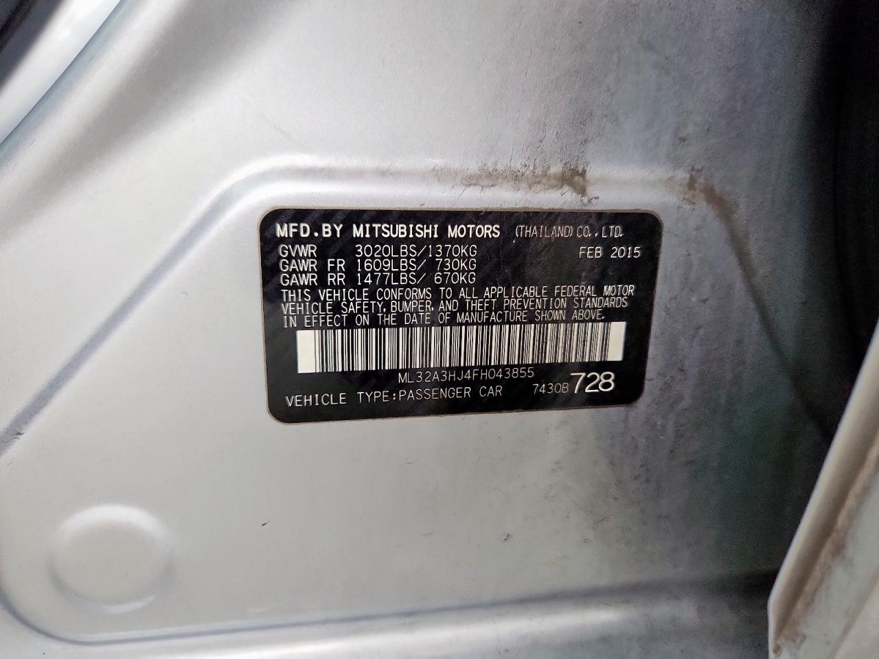 2015 Mitsubishi Mirage De VIN: ML32A3HJ4FH043855 Lot: 63387045