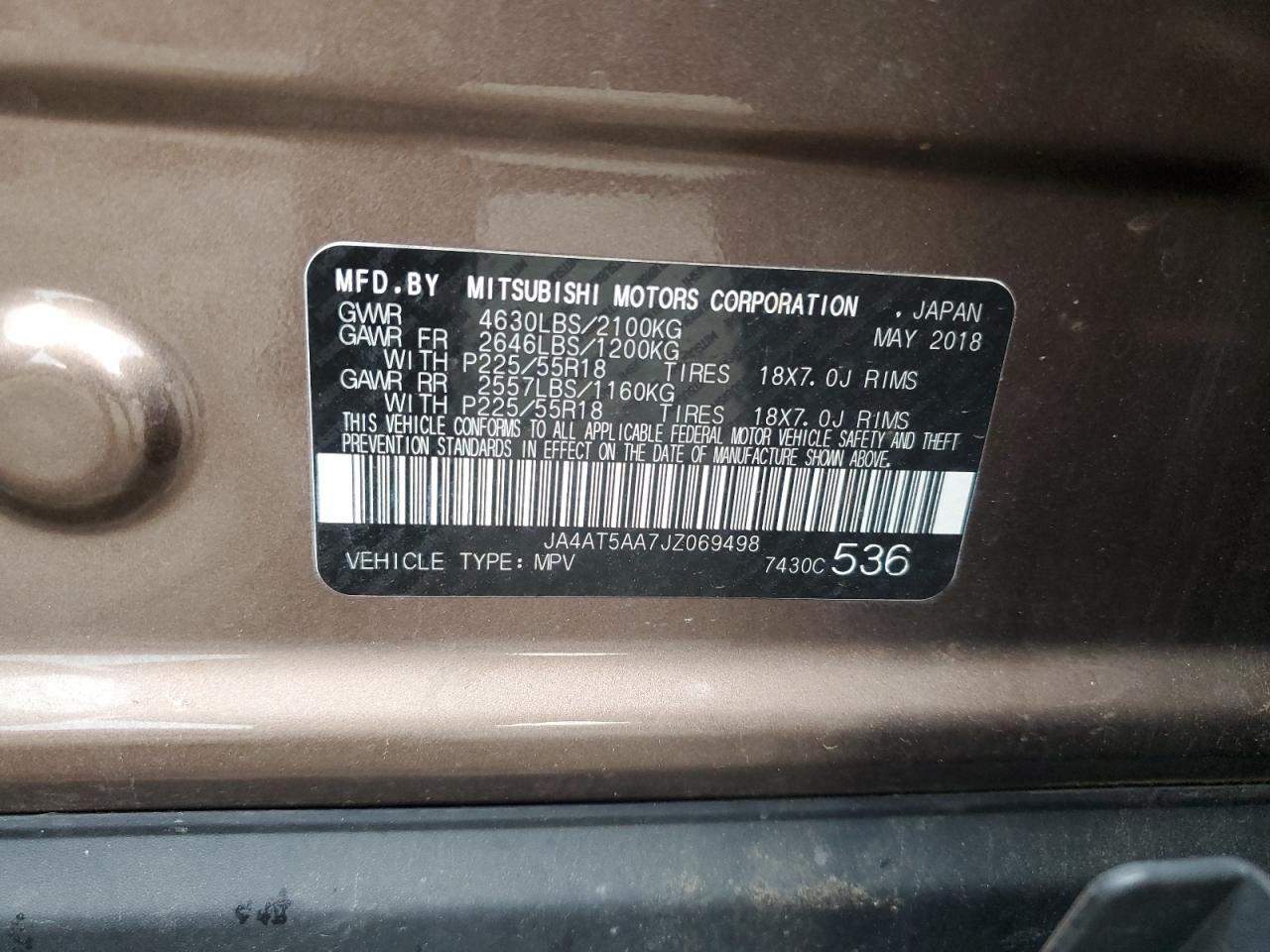 2018 Mitsubishi Eclipse Cross Se VIN: JA4AT5AA7JZ069498 Lot: 64926085
