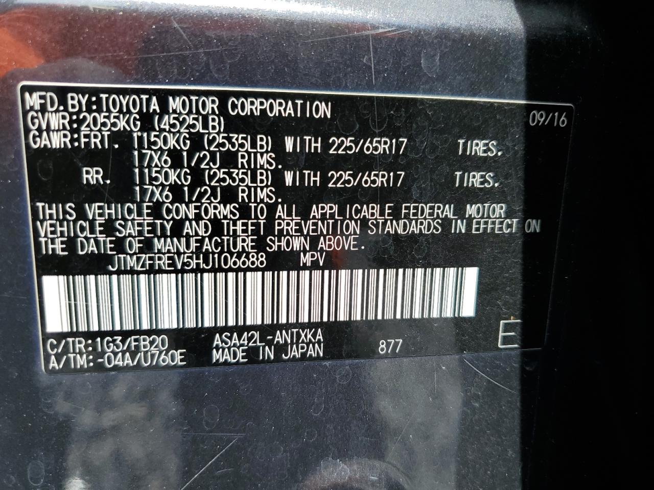 2017 Toyota Rav4 Le VIN: JTMZFREV5HJ106688 Lot: 63737765
