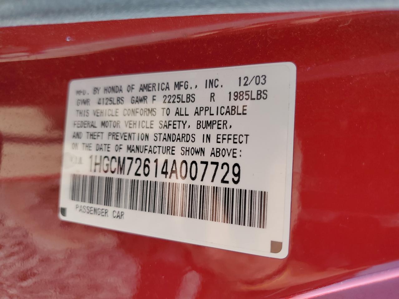 2004 Honda Accord Ex VIN: 1HGCM72614A007729 Lot: 63107815