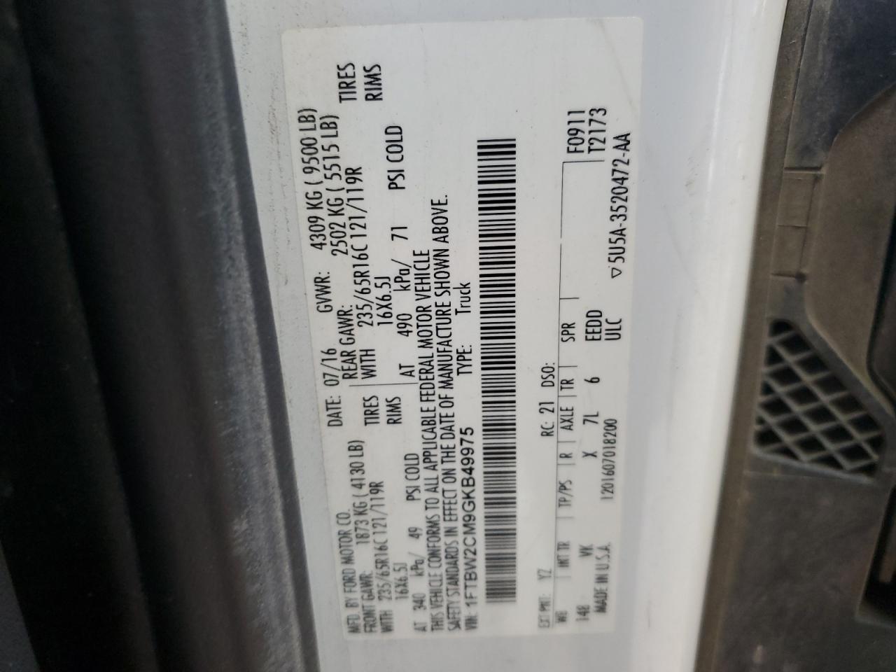 2016 Ford Transit T-350 VIN: 1FTBW2CM9GKB49975 Lot: 64930865