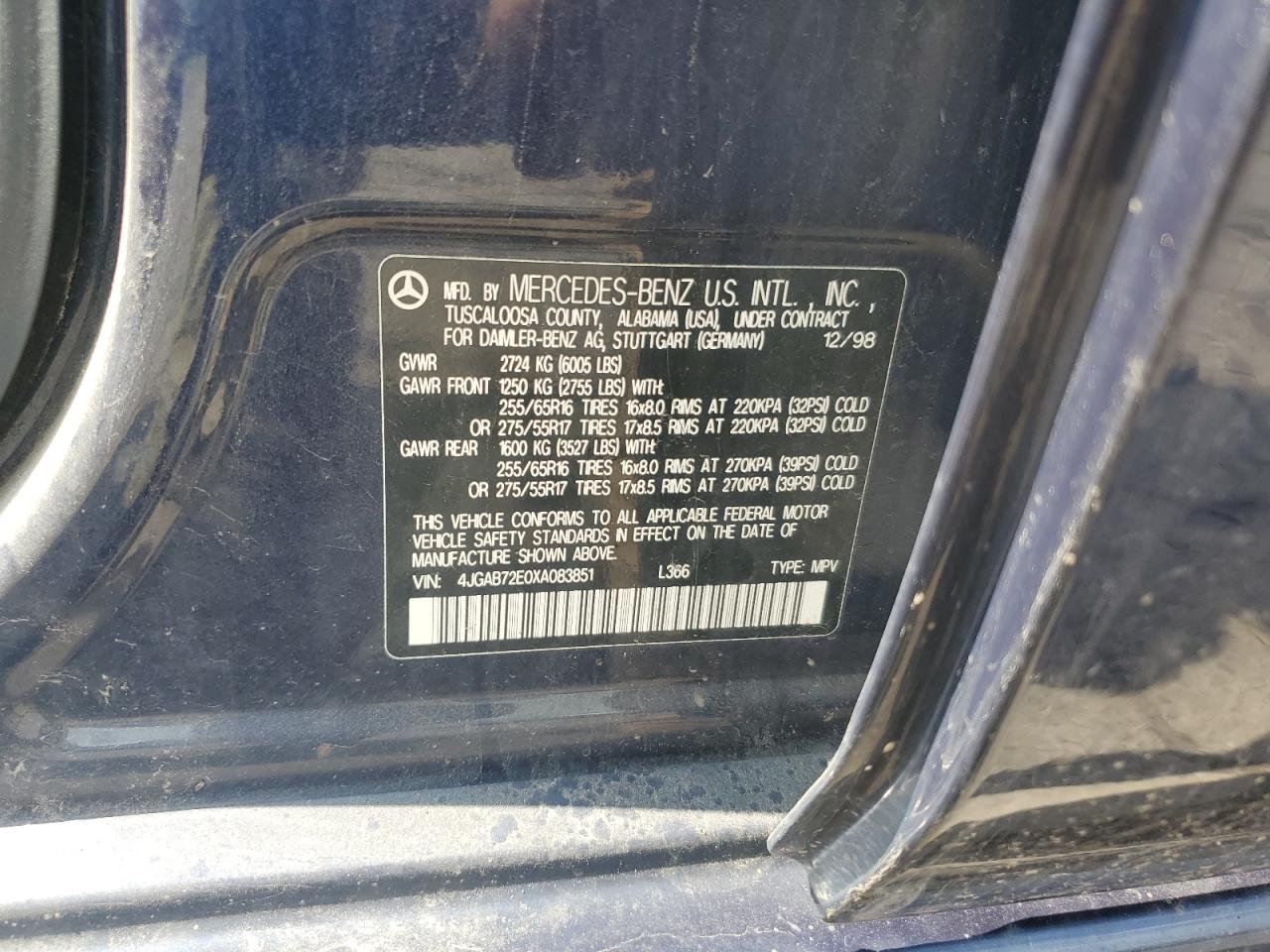 1999 Mercedes-Benz Ml 430 VIN: 4JGAB72E0XA083851 Lot: 64606045