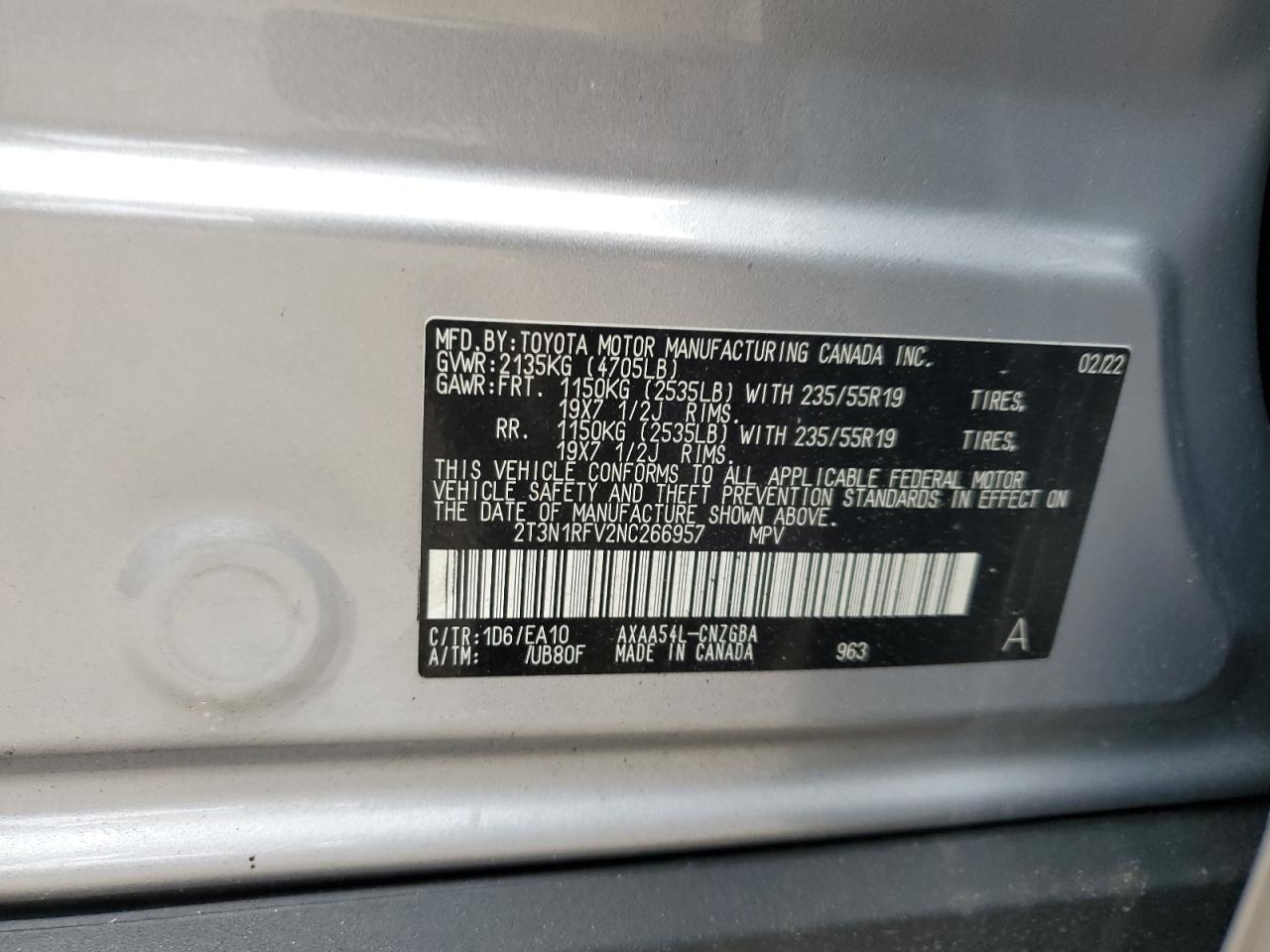 2022 Toyota Rav4 Limited VIN: 2T3N1RFV2NC266957 Lot: 63677945