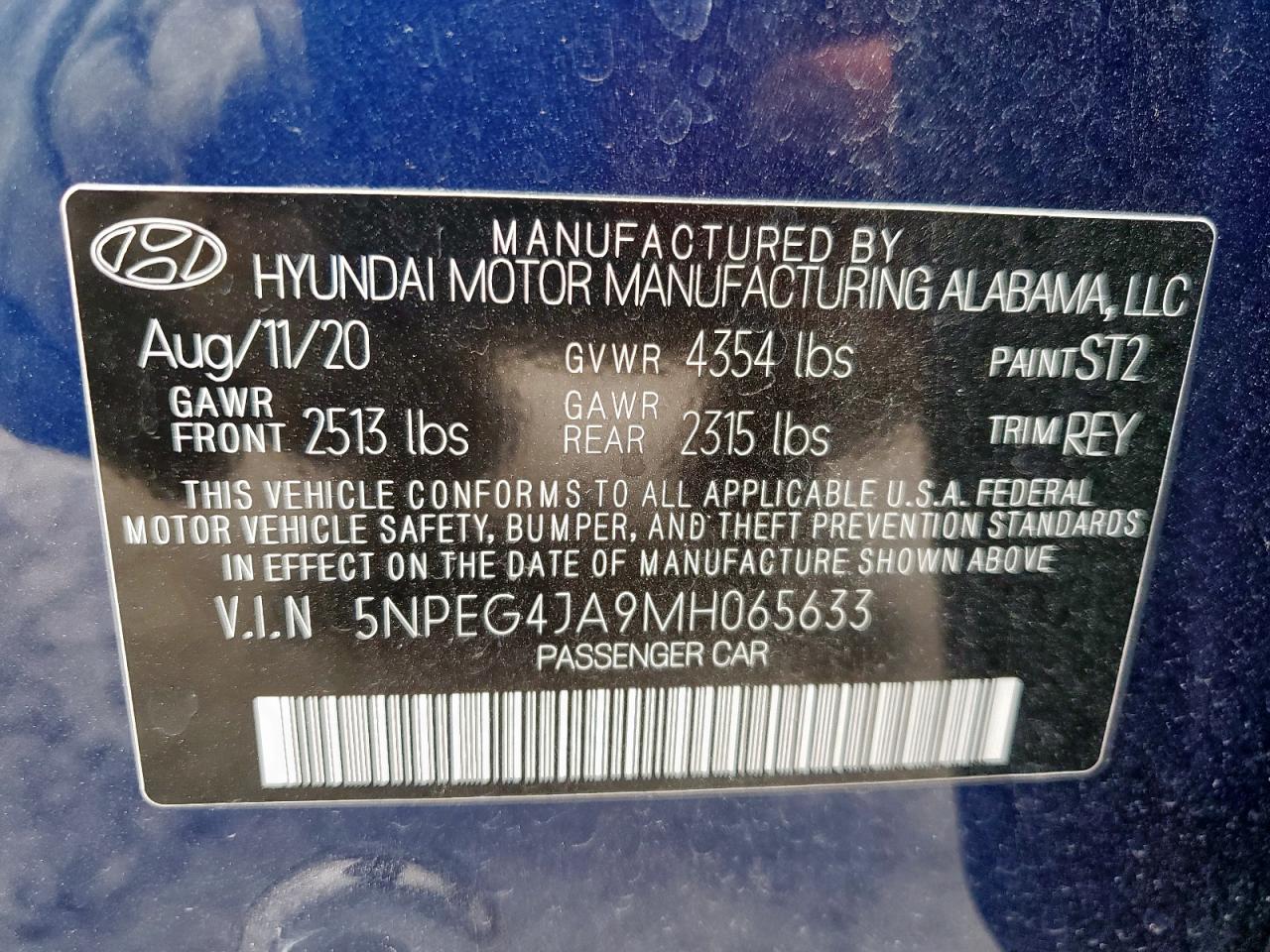 2021 Hyundai Sonata Se VIN: 5NPEG4JA9MH065633 Lot: 66989415