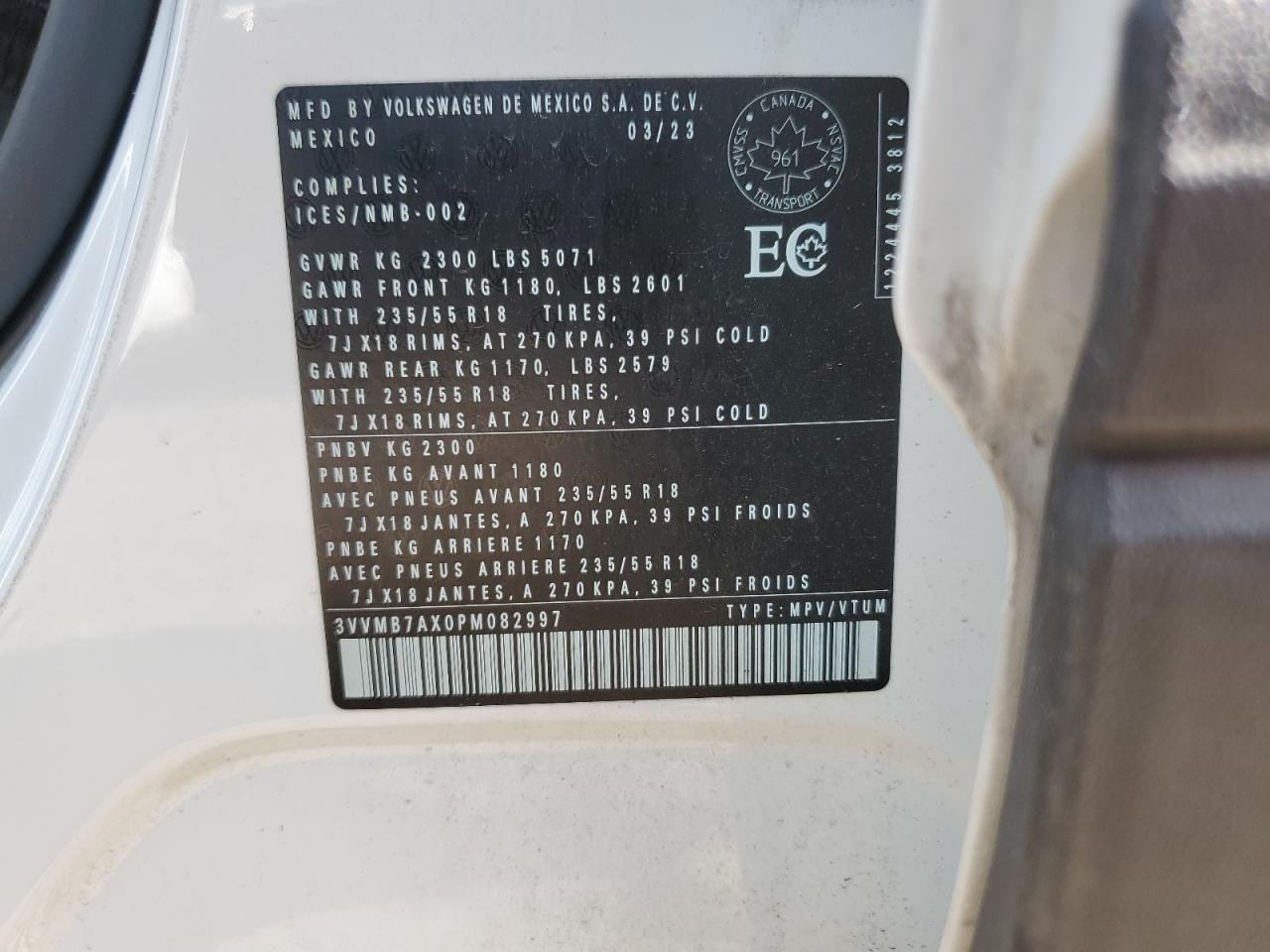 2023 Volkswagen Tiguan Se VIN: 3VVMB7AX0PM082997 Lot: 65232745
