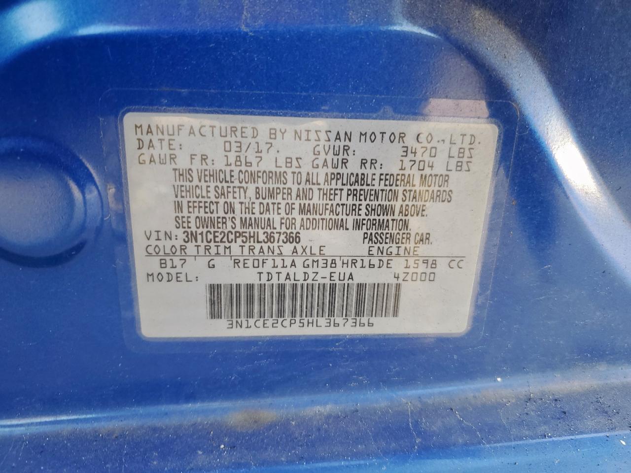 2017 Nissan Versa Note S VIN: 3N1CE2CP5HL367366 Lot: 65198715