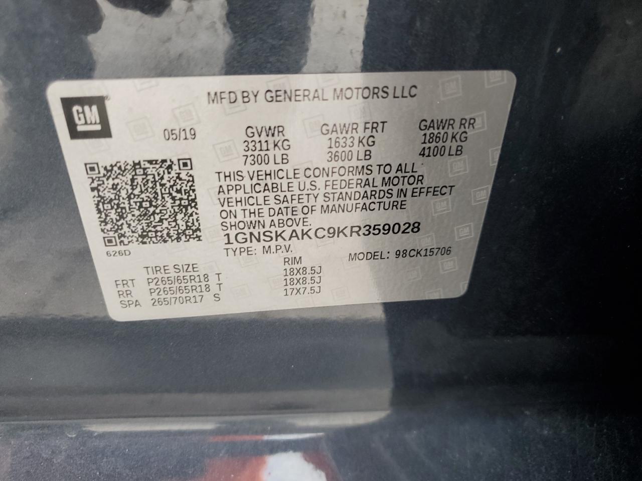 2019 Chevrolet Tahoe K1500 Ls VIN: 1GNSKAKC9KR359028 Lot: 66614125