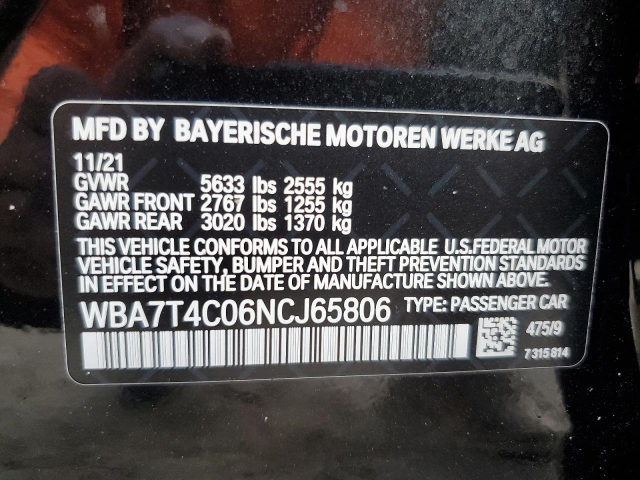 2022 BMW 740 Xi VIN: WBA7T4C06NCJ65806 Lot: 62710535