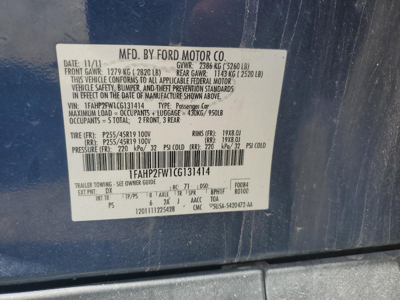 2012 Ford Taurus Limited VIN: 1FAHP2FW1CG131414 Lot: 64480385