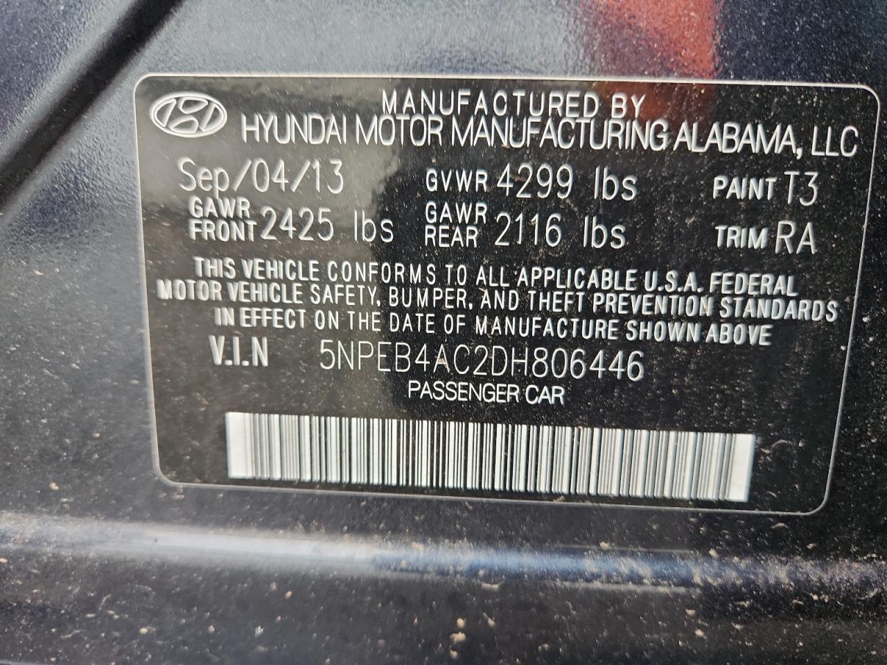 2013 Hyundai Sonata Gls VIN: 5NPEB4AC2DH806446 Lot: 64787505