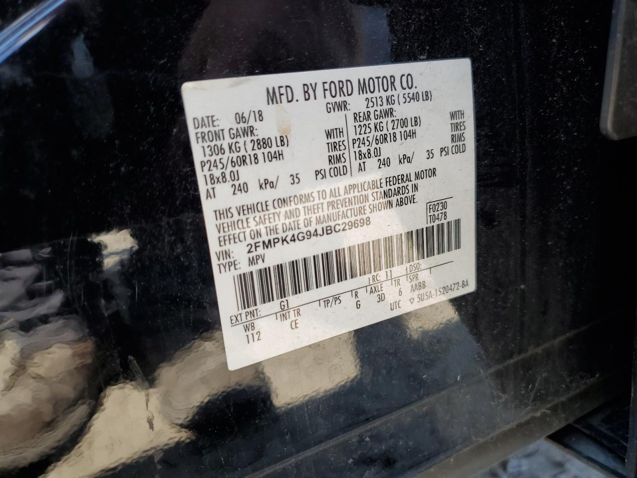 2018 Ford Edge Se VIN: 2FMPK4G94JBC29698 Lot: 66119415