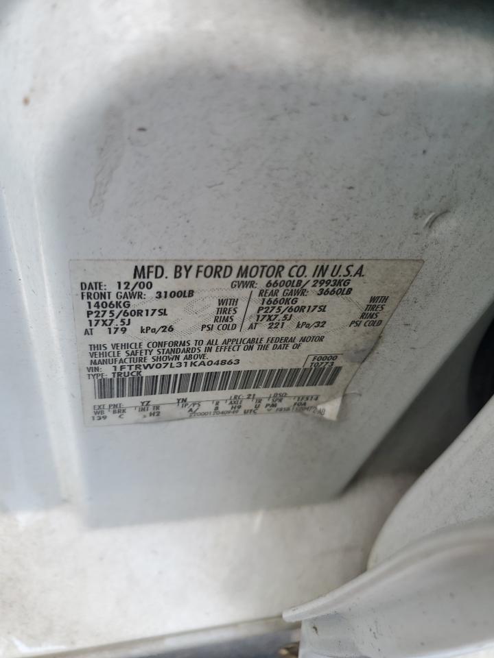 2001 Ford F150 Supercrew VIN: 1FTRW07L31KA04863 Lot: 63283505