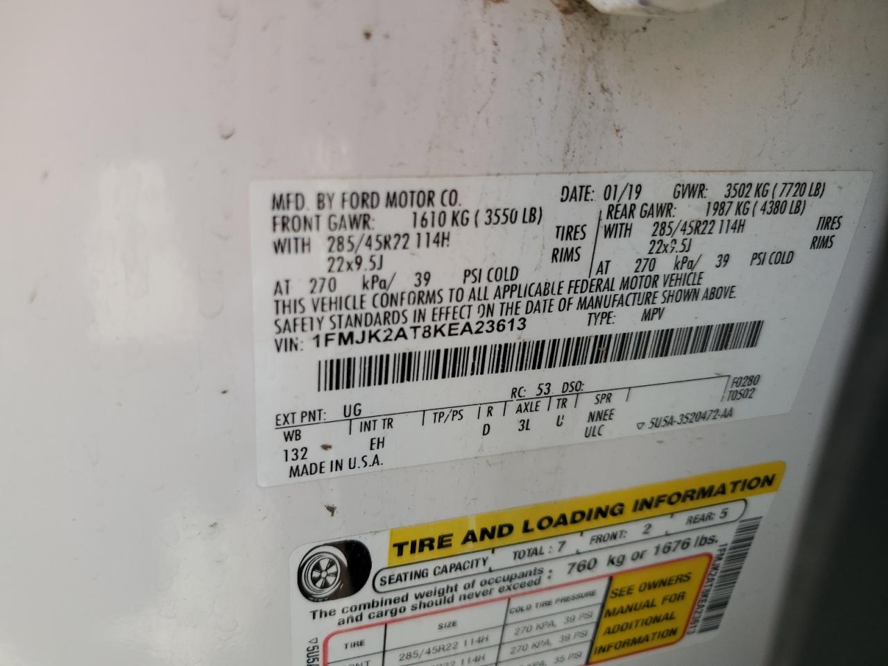 2019 Ford Expedition Max Limited VIN: 1FMJK2AT8KEA23613 Lot: 85861715