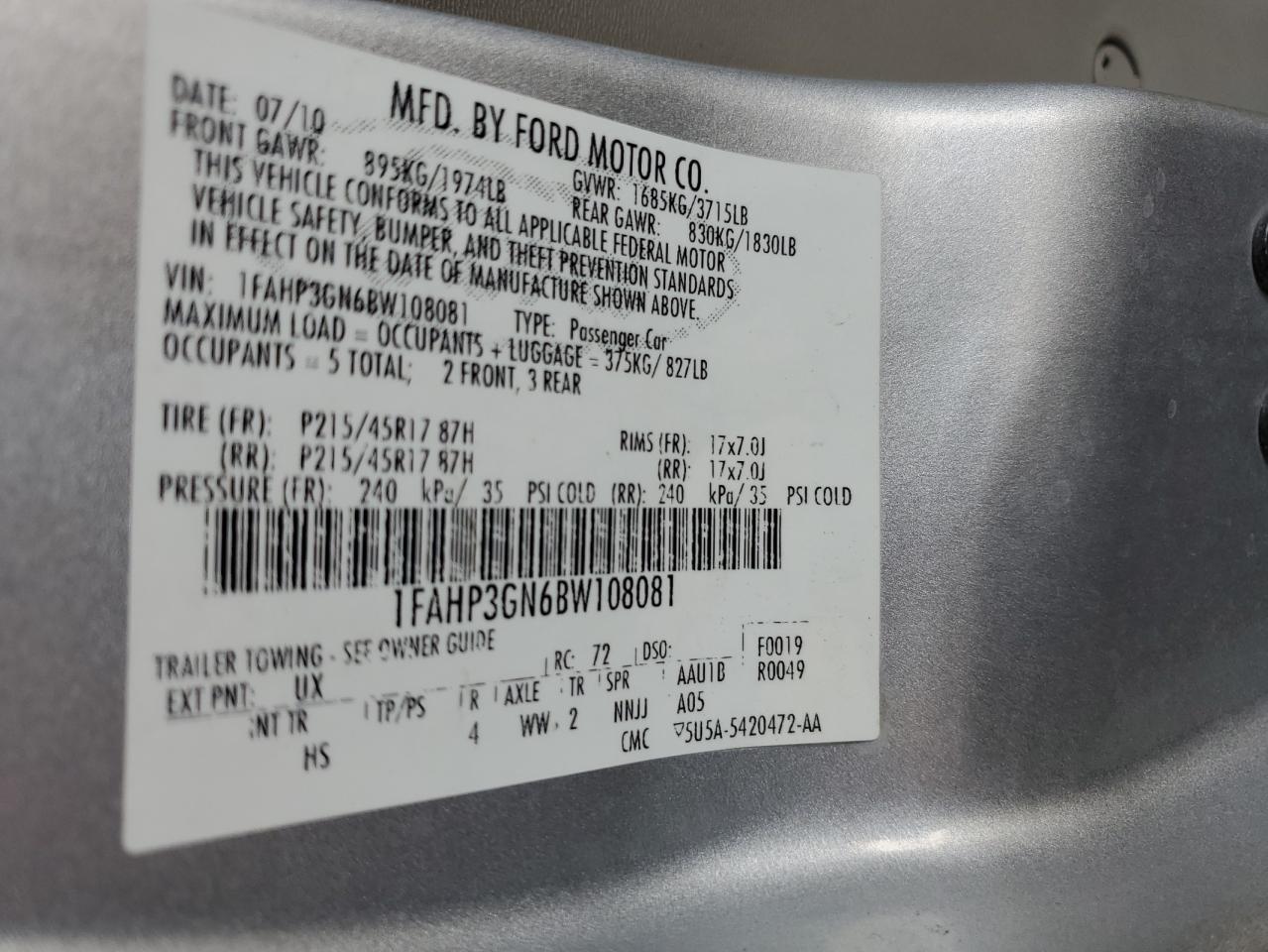 2011 Ford Focus Ses VIN: 1FAHP3GN6BW108081 Lot: 63640795