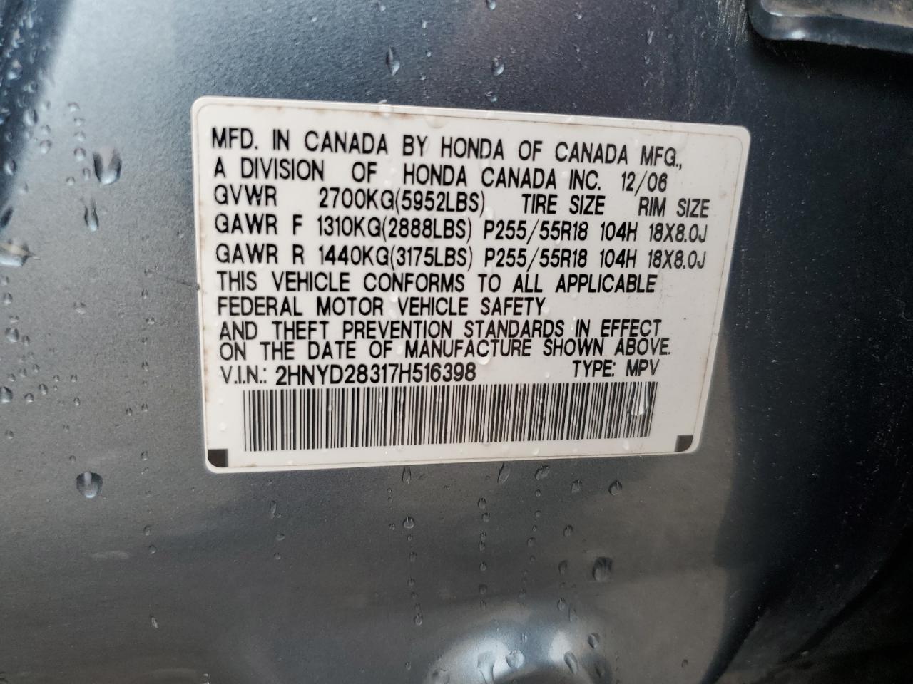 2007 Acura Mdx Technology VIN: 2HNYD28317H516398 Lot: 63790605