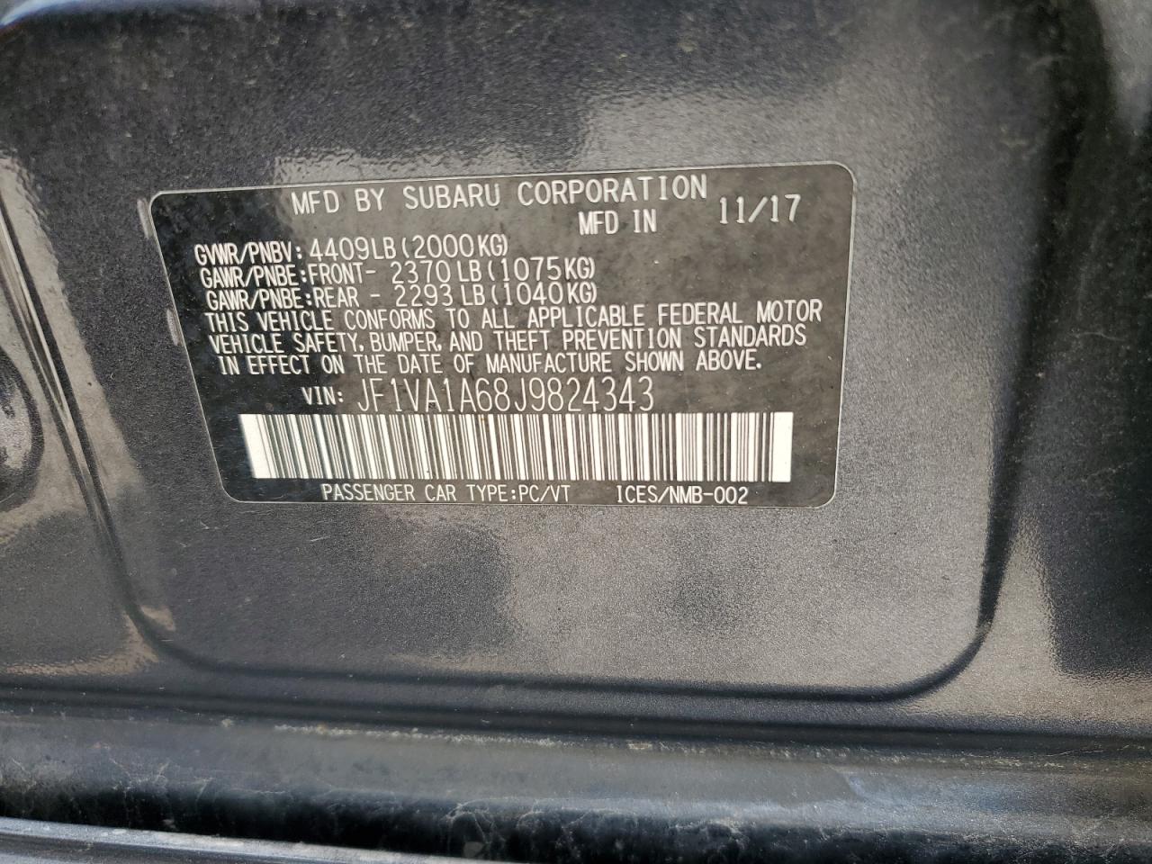 2018 Subaru Wrx VIN: JF1VA1A68J9824343 Lot: 63216215