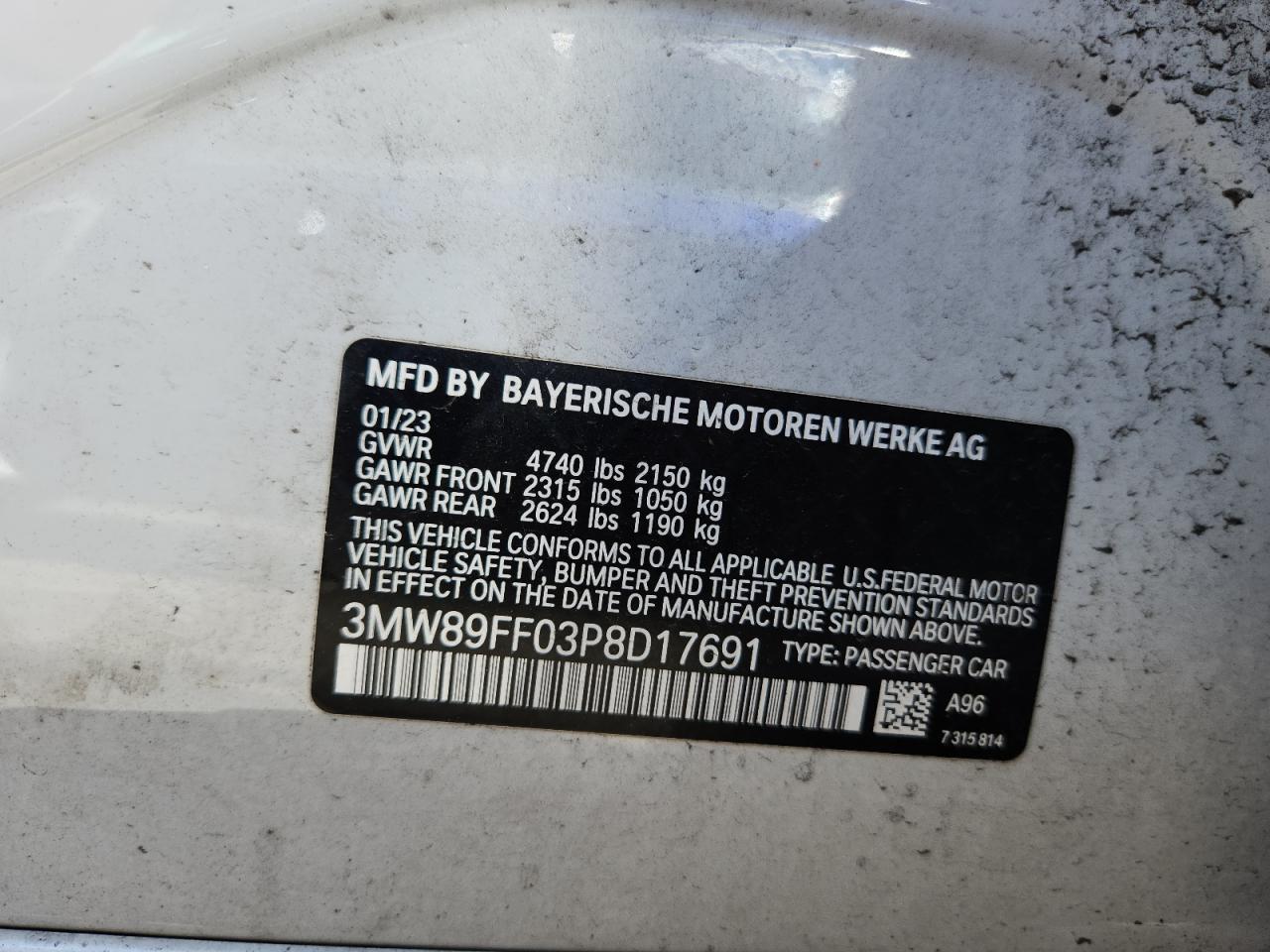 2023 BMW 330Xi VIN: 3MW89FF03P8D17691 Lot: 64615495