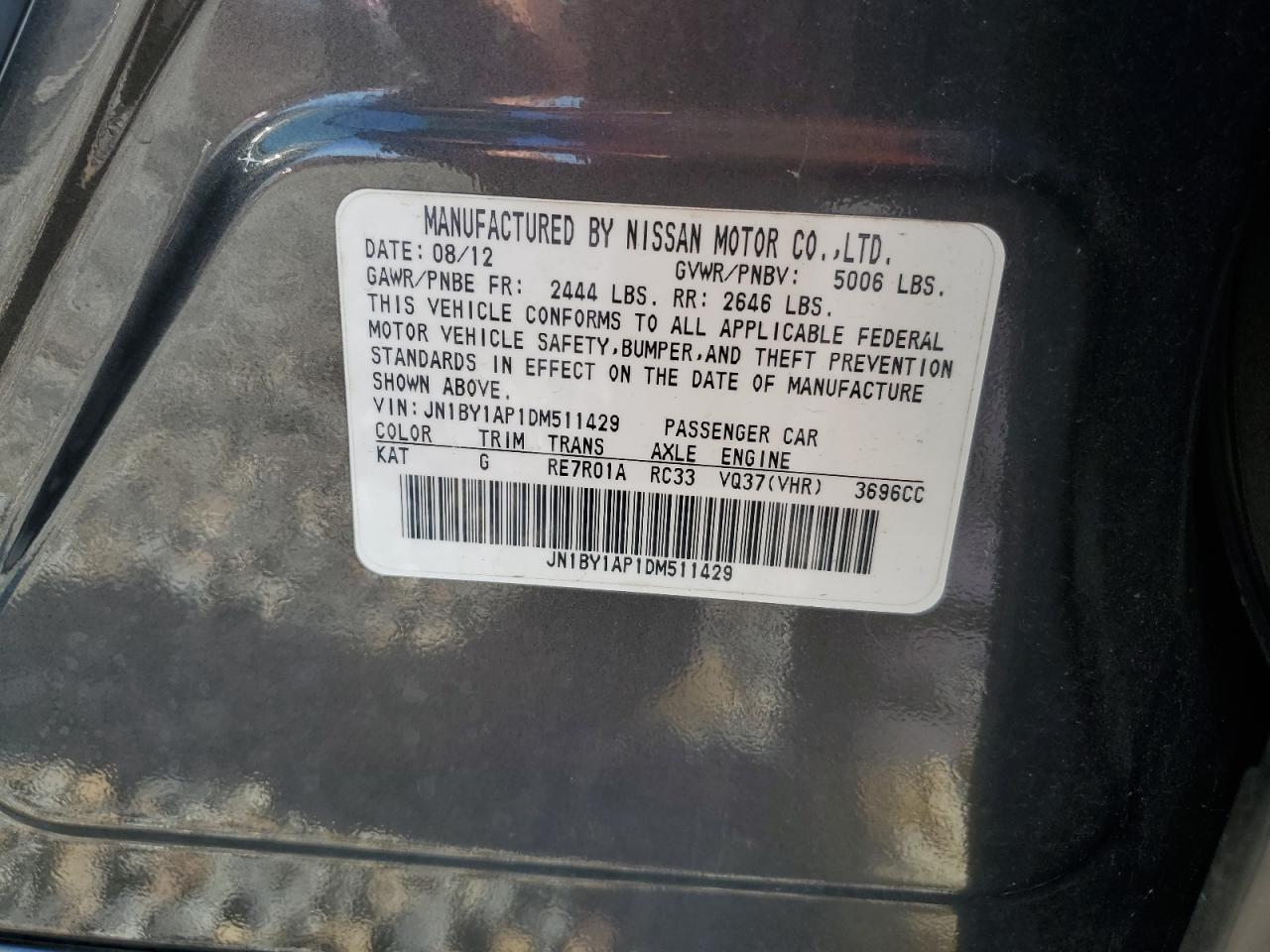 2013 Infiniti M37 VIN: JN1BY1AP1DM511429 Lot: 65169455