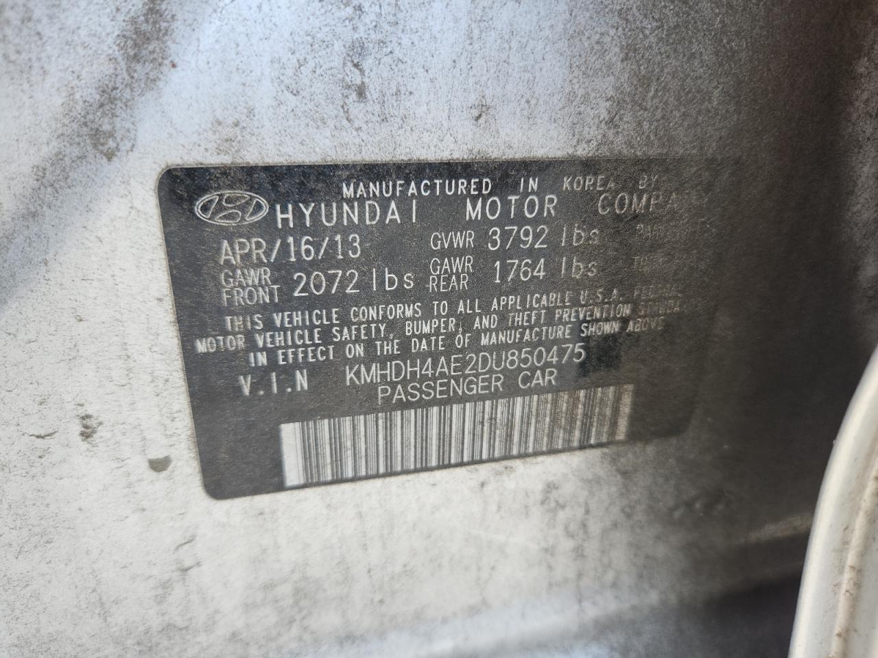 2013 Hyundai Elantra Gls VIN: KMHDH4AE2DU850475 Lot: 65435135