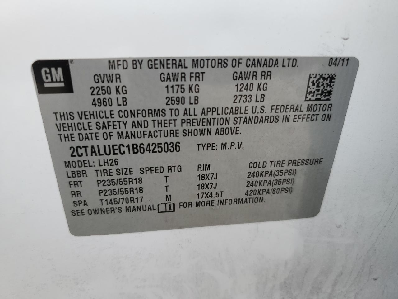 2011 GMC Terrain Slt VIN: 2CTALUEC1B6425036 Lot: 62555065