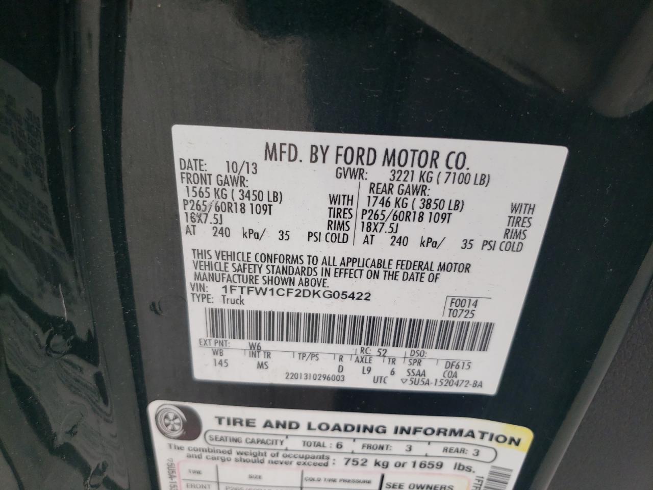 2013 Ford F150 Supercrew VIN: 1FTFW1CF2DKG05422 Lot: 64568975