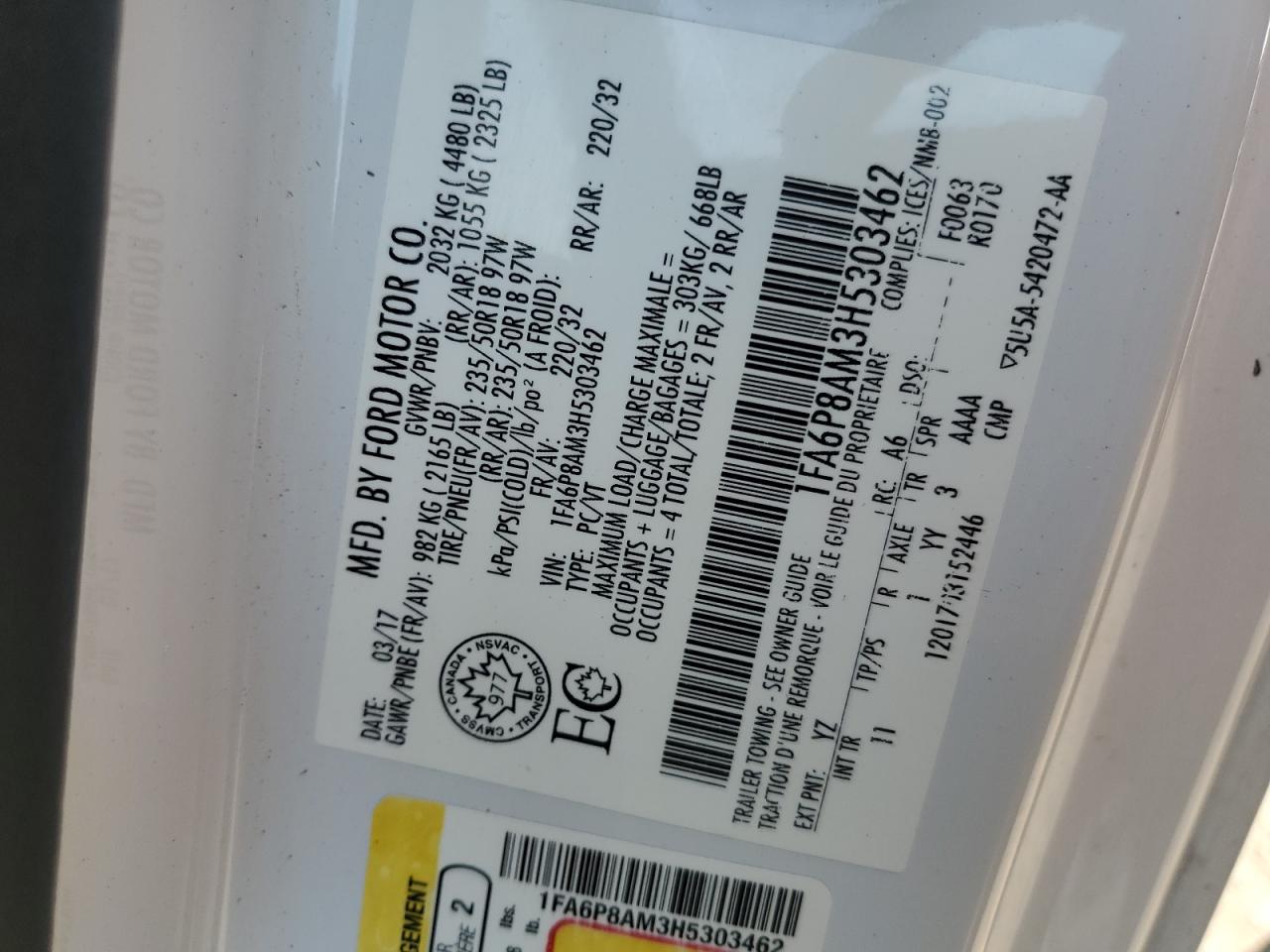 2017 Ford Mustang VIN: 1FA6P8AM3H5303462 Lot: 64782795