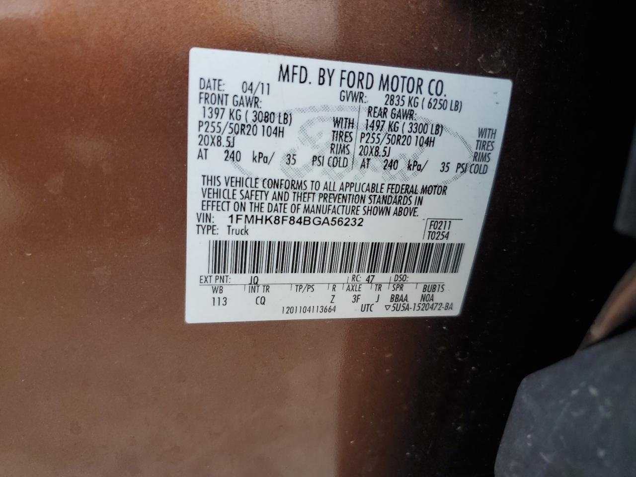 2011 Ford Explorer Limited VIN: 1FMHK8F84BGA56232 Lot: 64244115