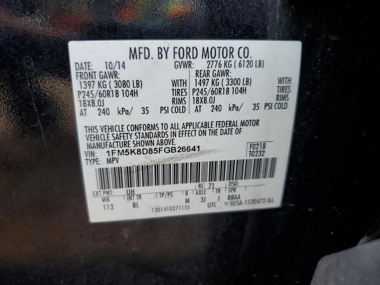 2015 Ford Explorer Xlt VIN: 1FM5K8D85FGB26641 Lot: 63090965