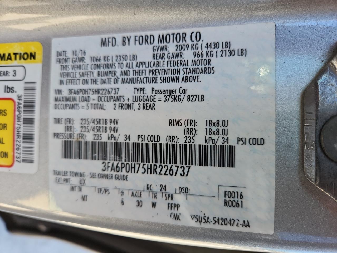 2017 Ford Fusion Se VIN: 3FA6P0H75HR226737 Lot: 65282695