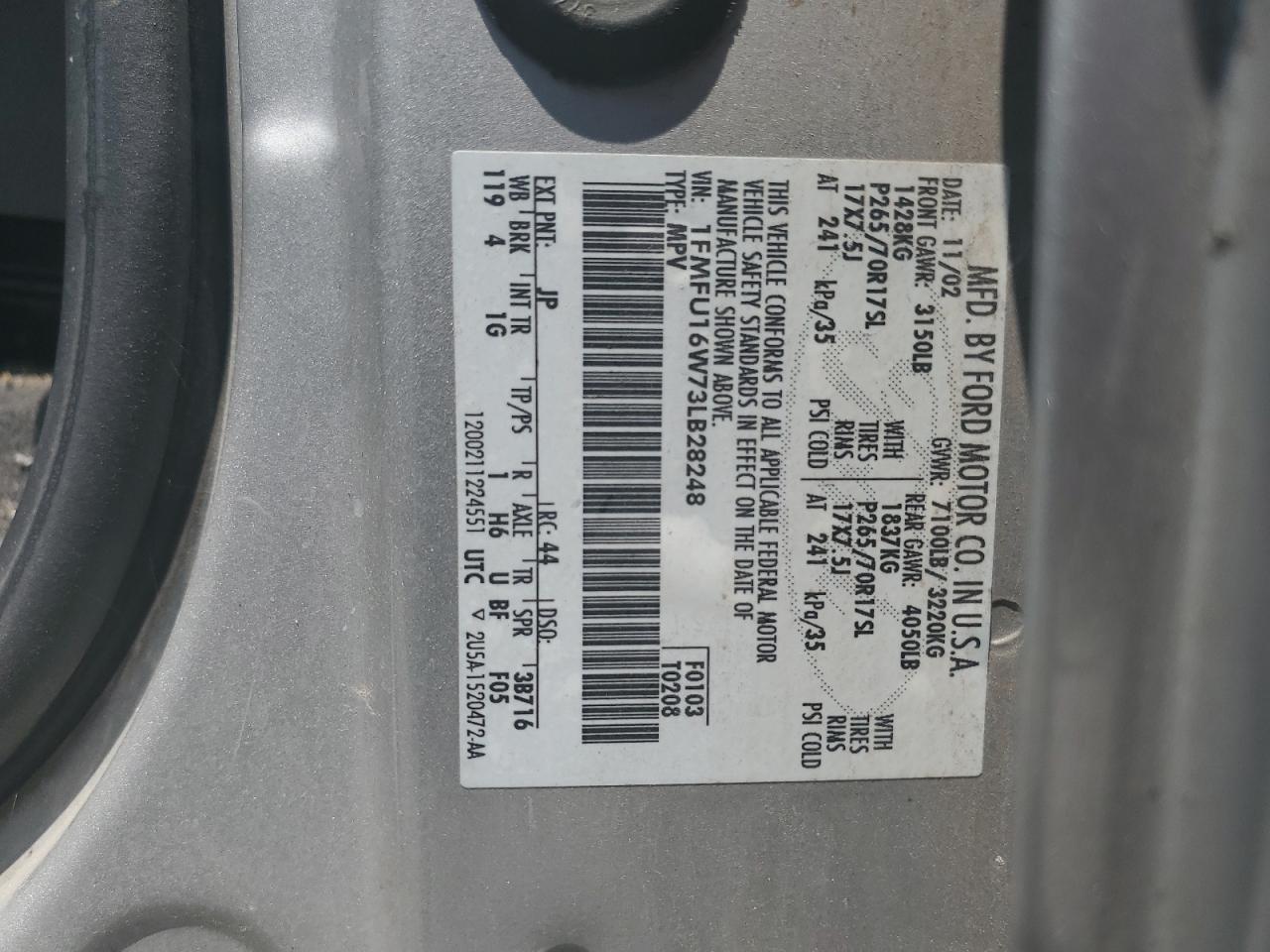 2003 Ford Expedition Xlt VIN: 1FMFU16W73LB28248 Lot: 65766995