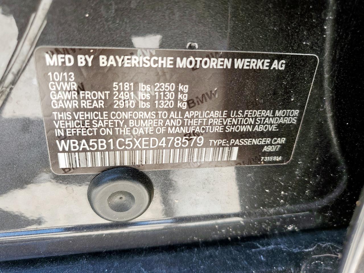 2014 BMW 535 I VIN: WBA5B1C5XED478579 Lot: 66083815